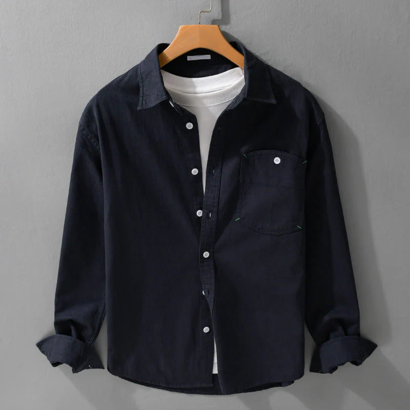 Buddha Stones Solid Buttons Down Decorative Pocket Men's Stand Collar Long Sleeve Cotton Shirt