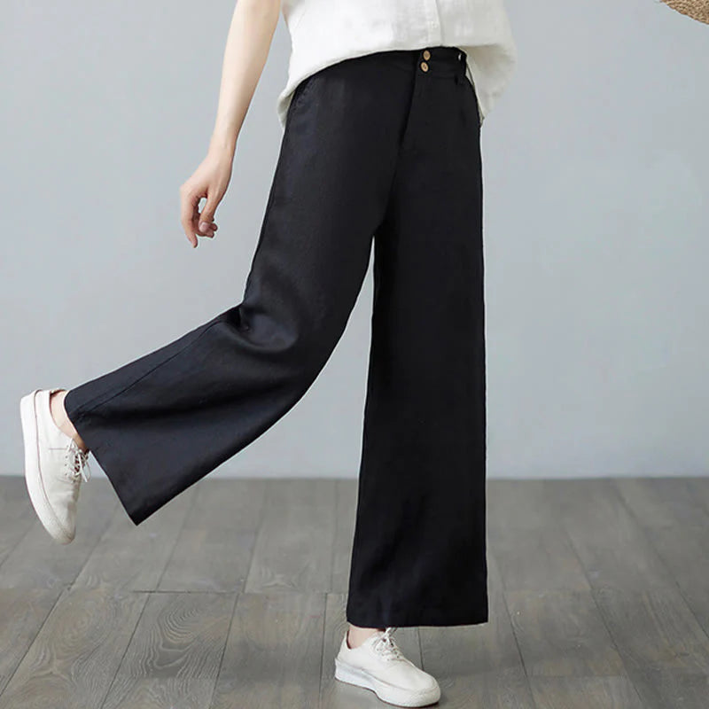 Buddha Stones Daily Solid Color Patchwork Simple Design Cotton Linen Women's Pants With Pockets