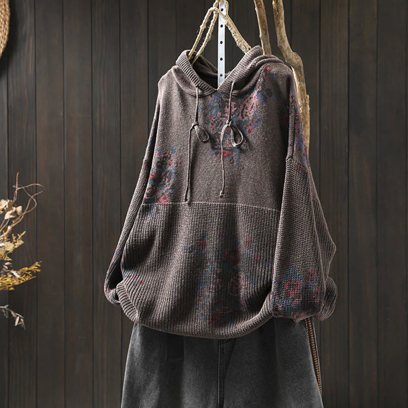 Buddha Stones Women's Knitted Floral Cotton Long Sleeve Hooded Sweater