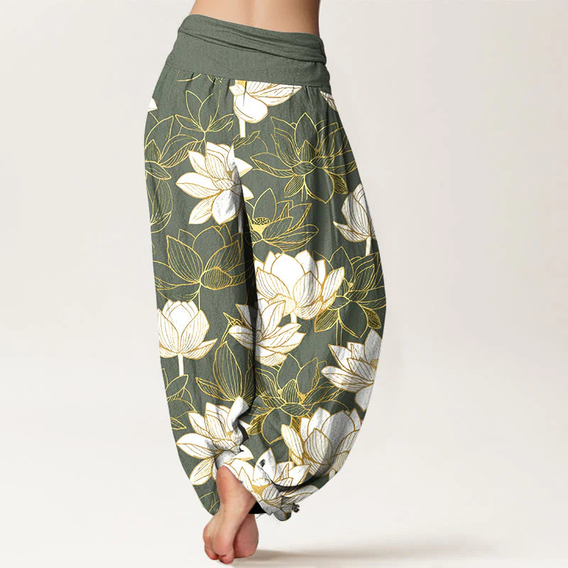 Buddha Stones Cotton Elegant Refined Lotus Flower Pattern Women's Elastic Waist Harem Pants