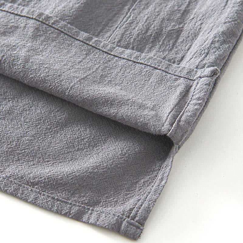 Buddha Stones Vintage Plain Simple Design Men's Short Sleeve Cotton Linen Shirt Clothing With Pockets