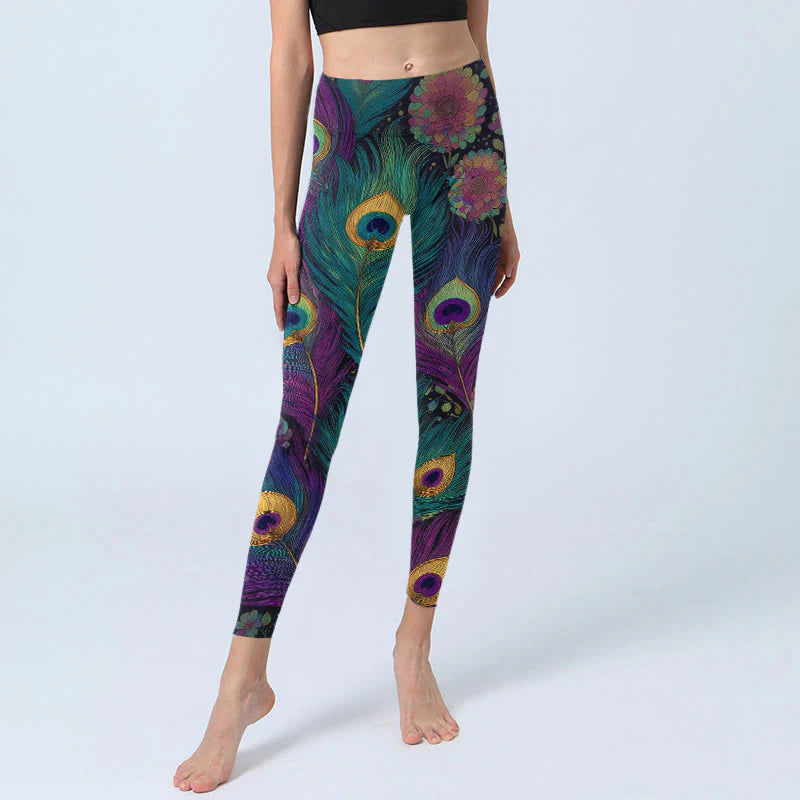Buddha Stones Gorgeous Peacock Feather Flower Pattern Print Gym Leggings Women's Yoga Pants