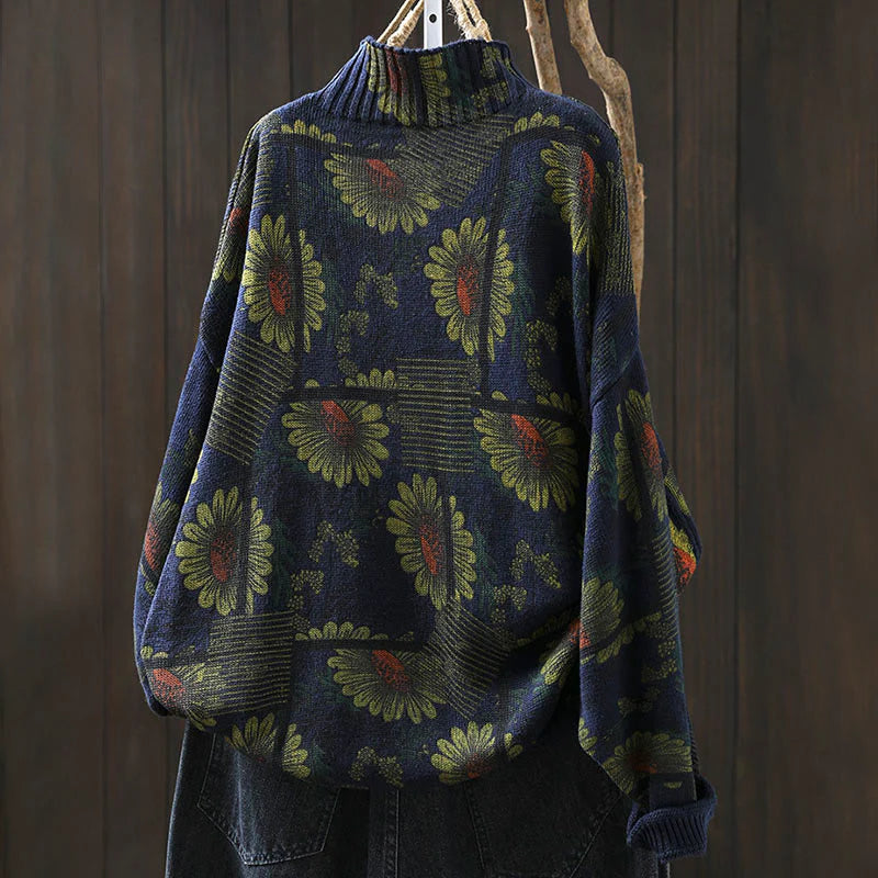 Buddha Stones Sunflower Pattern Mock Neck Long Sleeve Women's Cotton Sweater