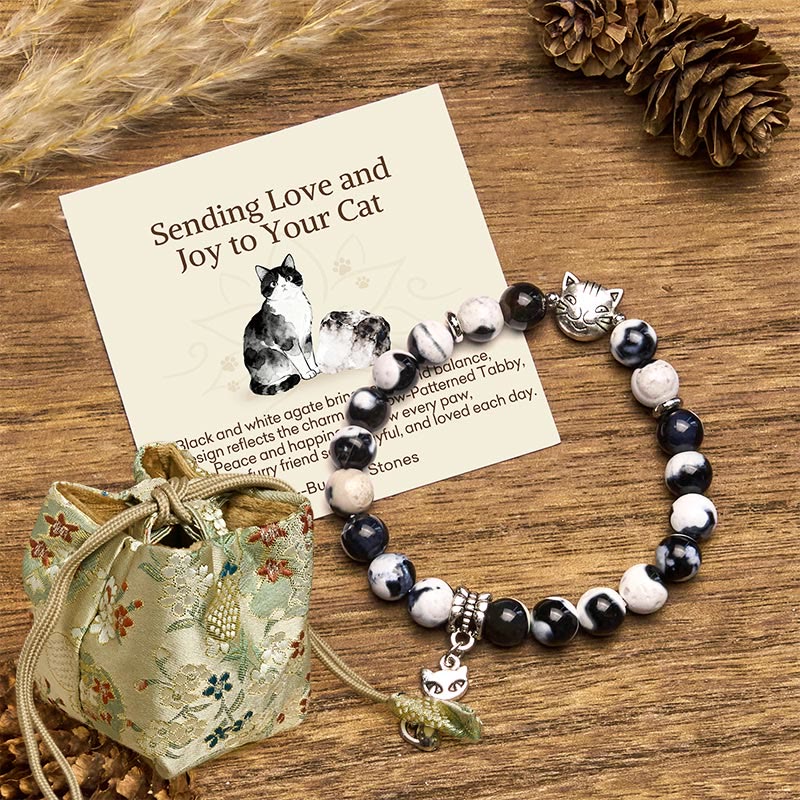 Buddha Stones Sending Love and Joy to Your Cat Cat Agate Bracelet Includes Gift Message Card