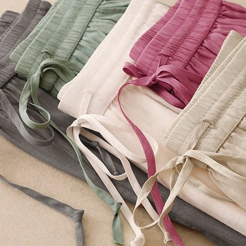 Buddha Stones Causal Vintage Plain Drawstring Lace Patchwork Design Women's Wide Leg Cotton Elastic Waistband Pants With Pockets