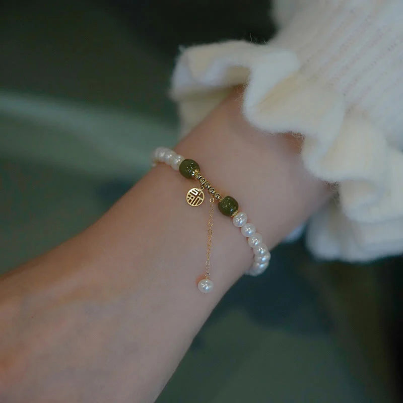 Buddha Stones Natural Pearl Hetian Jade Happiness Wisdom Bead Bracelet
