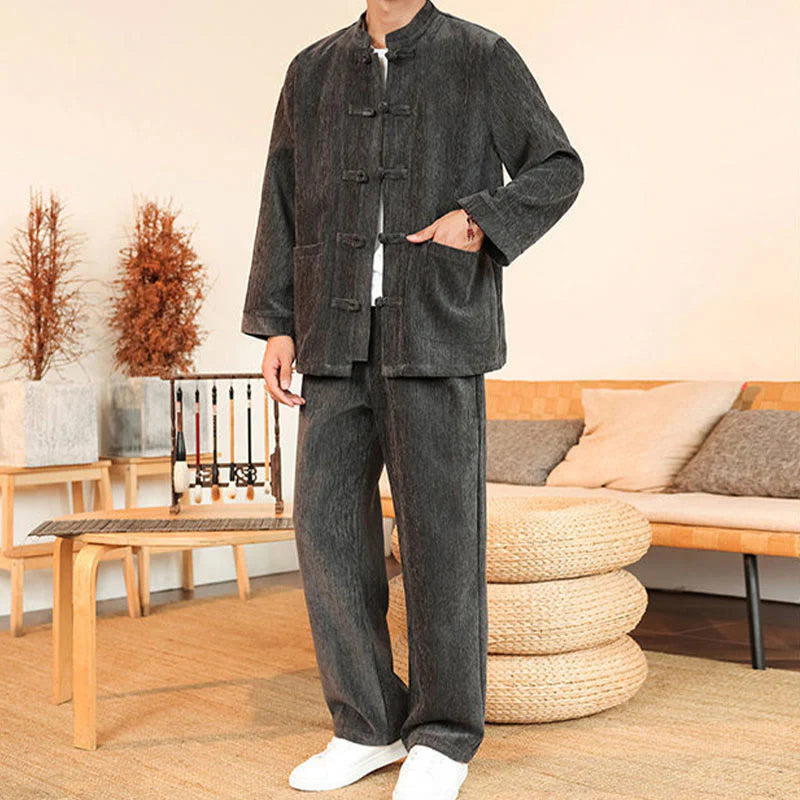 Buddha Stones 2Pcs Winter Thick Men's Tang Suit Frog-Button Cotton Corduroy Long Sleeve Jacket Pants Set With Pockets