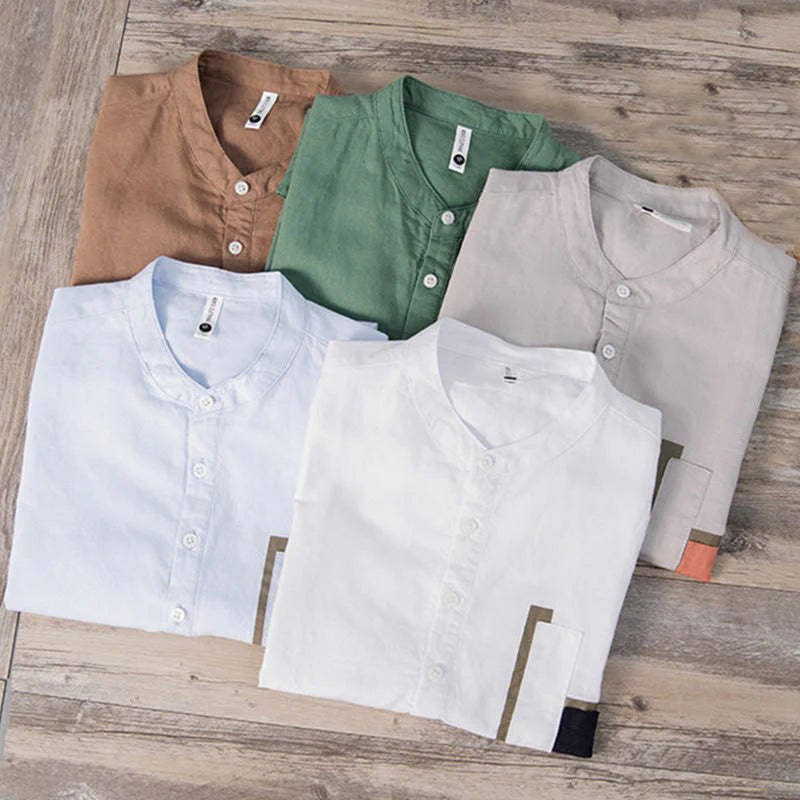 Buddha Stones Daily Plain Patch Color Matching Design Men's Short Sleeve Cotton Linen Shirt