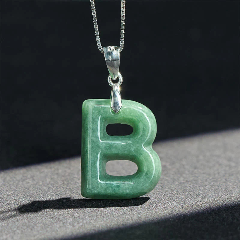 Buddha Stones Natural A-Z Letter Jade 925 Sterling Silver Silm Chain Prosperity Necklace Pendant