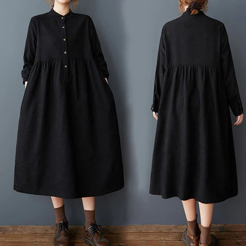 Buddha Stones Plain Buttons Design Thermal Cotton Linen Long Sleeve Midi Dress With Pockets