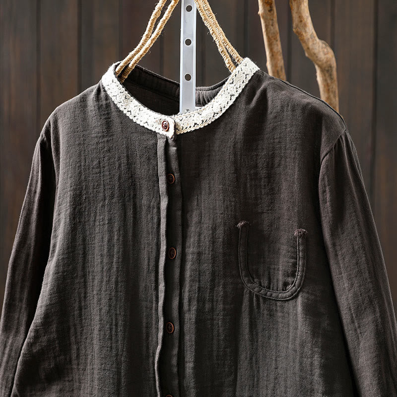 Buddha Stones Spring Fall Lace Collar Button Down Long Sleeve Women's Cotton Shirt
