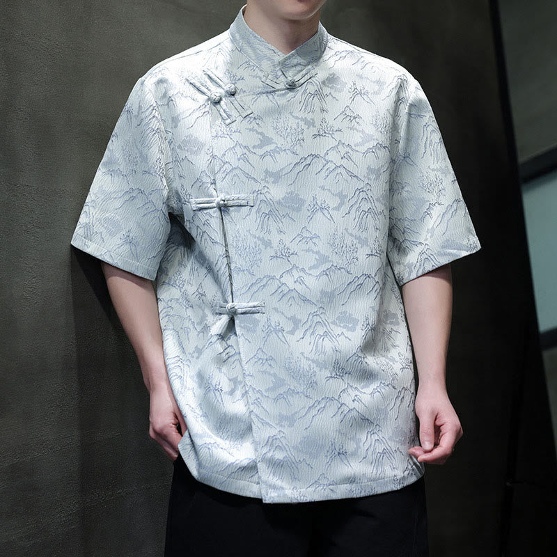 Buddha Stones Summer Mountain Pattern Jacquard Chinese Frog-Button Cotton Short Sleeve Men's Shirt