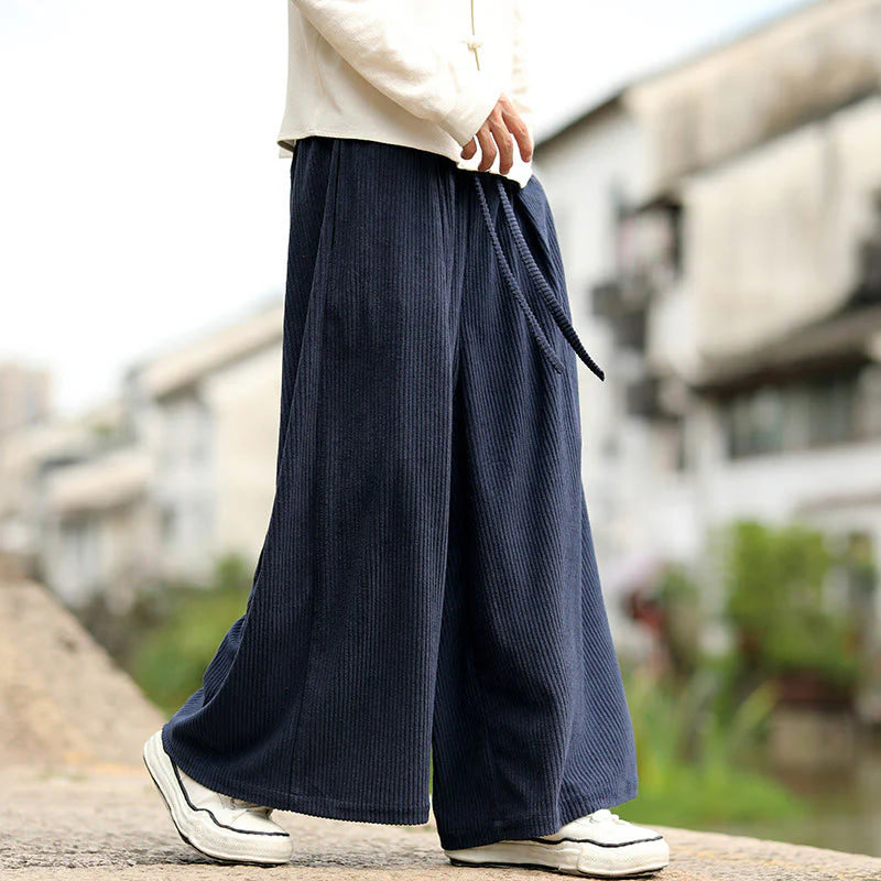 Buddha Stones Fall Solid Color Drawstring Design Men's Corduroy Wide Leg Pants With Pockets