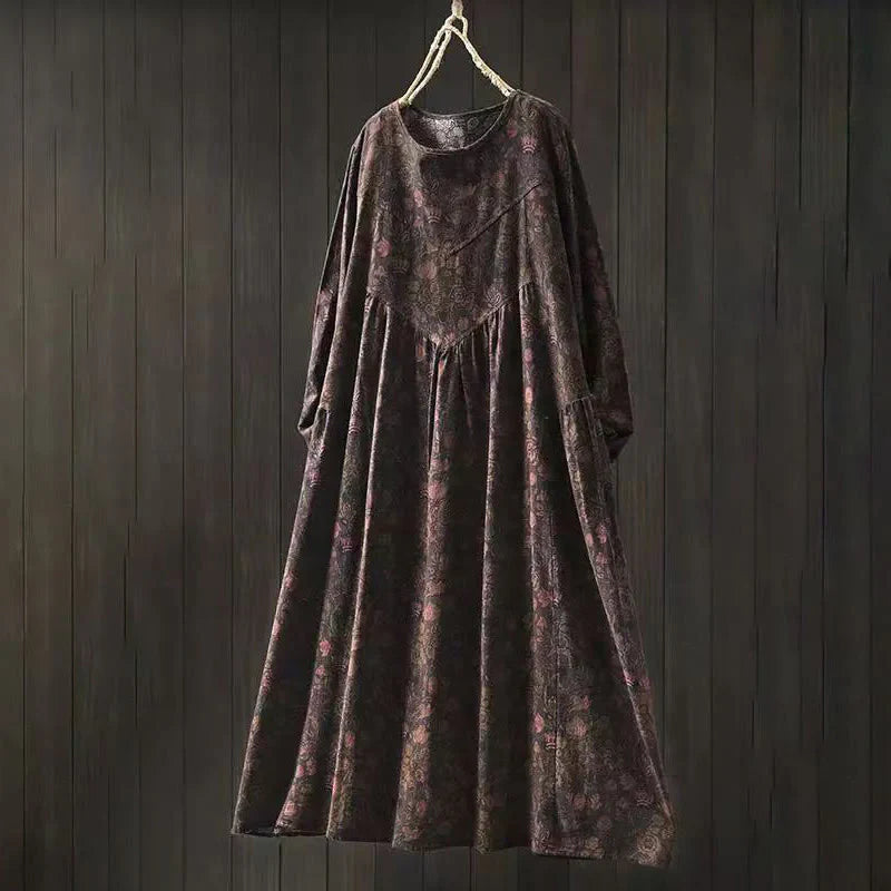 Buddha Stones Retro Floral Pattern A-line Design Long Sleeve Women's Cotton Maxi Dress