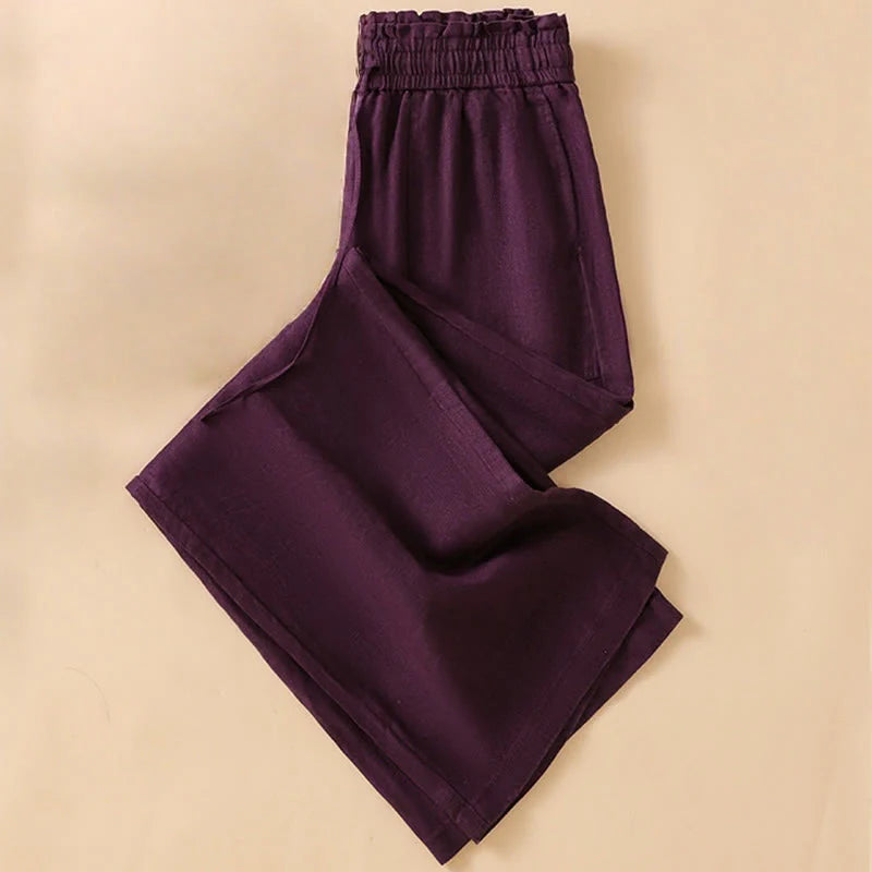 Buddha Stones Casual Straight Leg Design Cotton Women's 7-8 Length Wide Leg Pants With Pockets