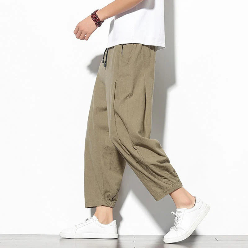 Buddha Stones Summer Men's 7-8 Length Cotton Linen Carrot Pants With Pockets