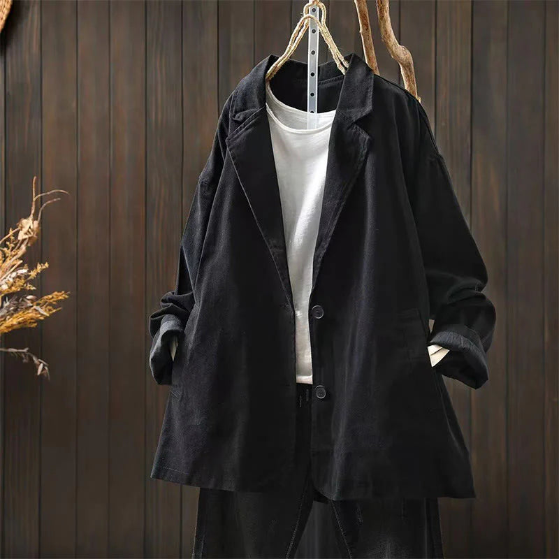 Buddha Stones Spring Fall Buttons Lapel Collar Long Sleeve Mid-length Cotton Women's Jacket With Pockets