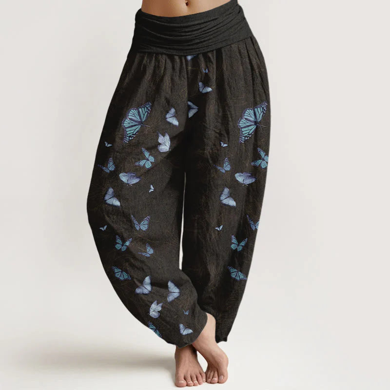 Buddha Stones Cotton Dreamlike Butterfly Leaf Pattern Women's Elastic Waist Harem Pants
