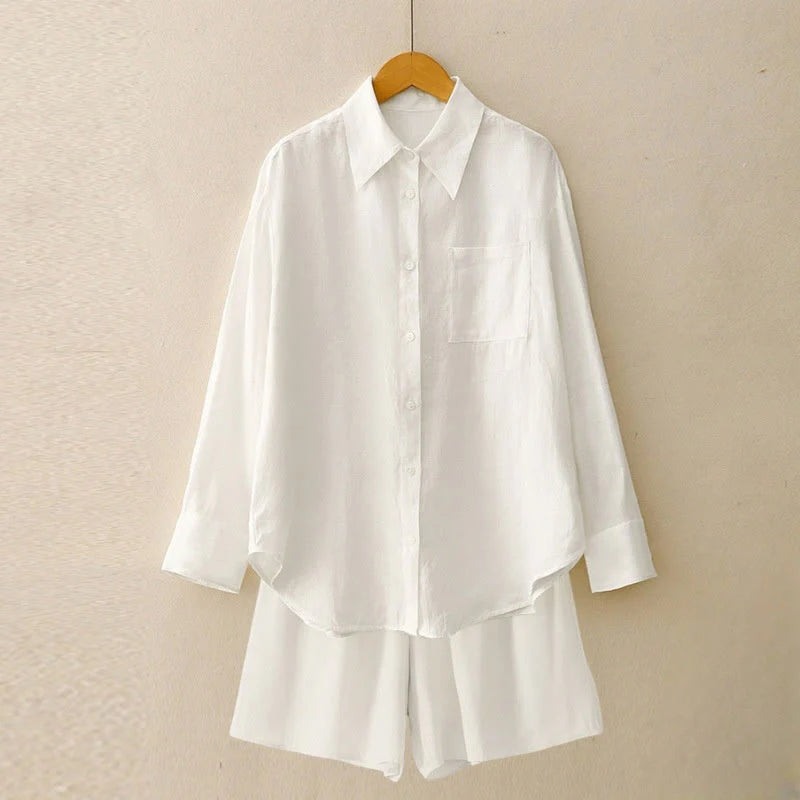 Buddha Stones Summer 2pcs Plain Long Sleeve Shirt Top Cardigan Shorts Meditation Clothing Women's Set With Pockets
