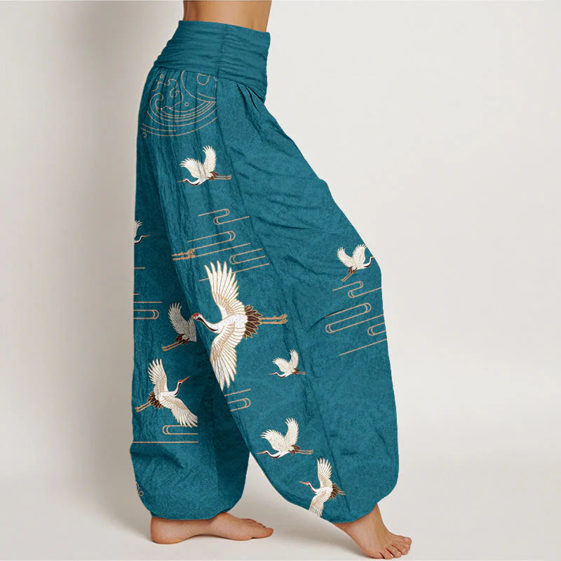 Buddha Stones Print Cranes Wave Pattern Women's Elastic Waist Harem Pure Cotton Pants