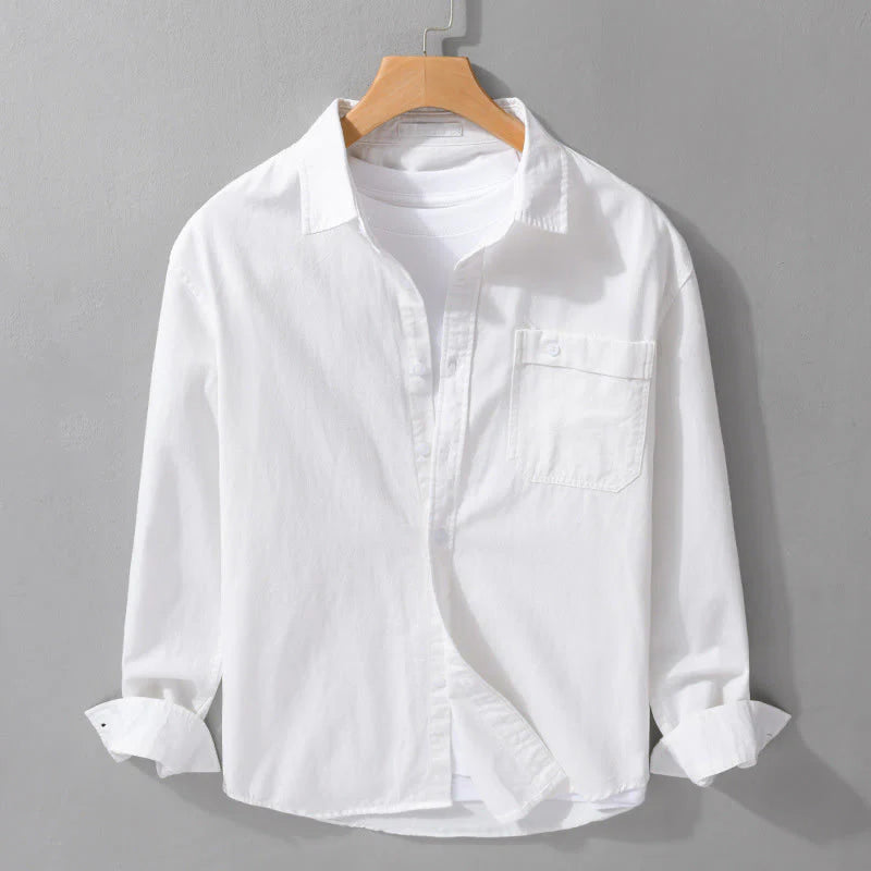 Buddha Stones Casual Solid Buttons Down Decorative Pocket Men's Stand Collar Long Sleeve Cotton Shirt