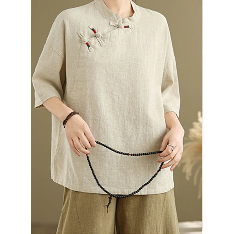 Buddha Stones Plain Chinese Frog-Button Stand Collar Design Women's Cotton Linen Half Sleeve Shirt