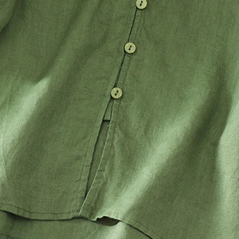 Buddha Stones Solid Buttons V-Neck Half Sleeve Women's Shirt