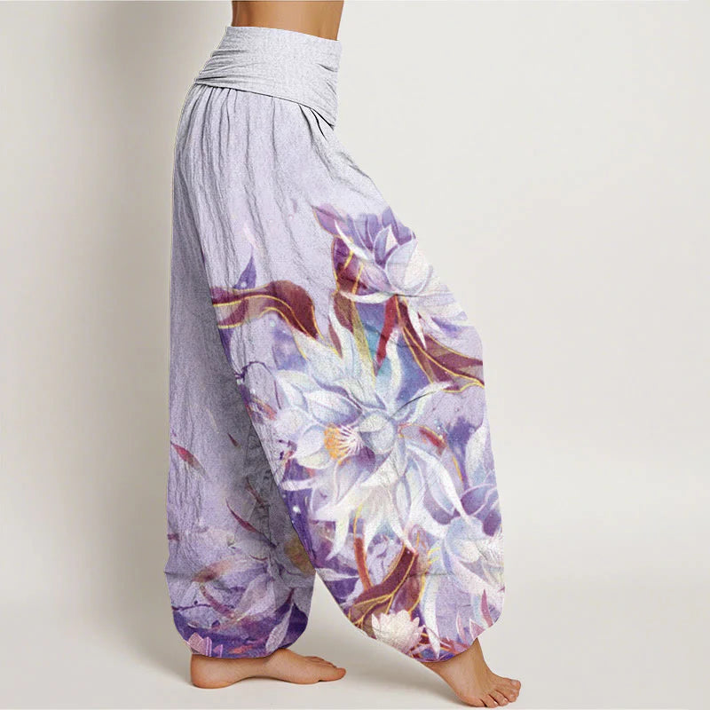 Buddha Stones Cotton Epiphyllum Flowers Design Women's Elastic Waist Harem Pants