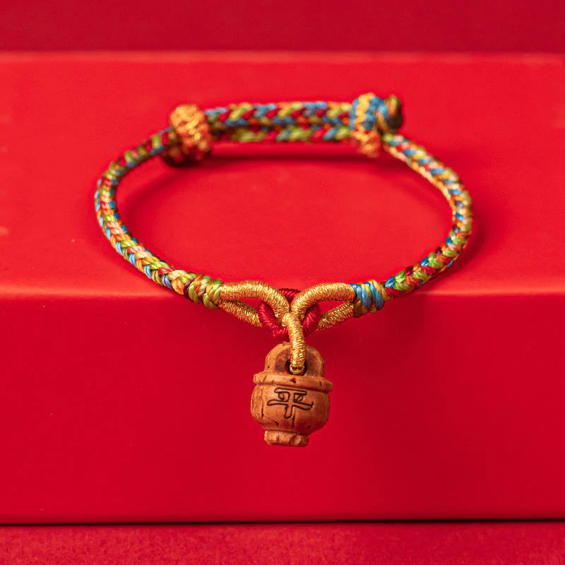 Buddha Stones Peach Wood Fu Character Safe And Well Wealth Bracelet