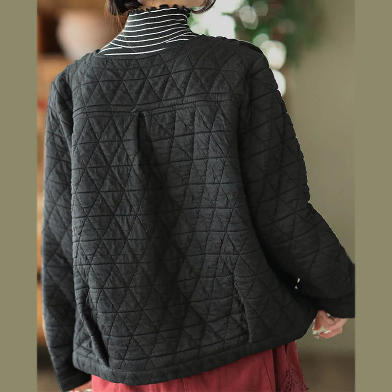 Buddha Stones Winter Cotton Long Sleeve Diamond Pattern Women's Thermal Jacket With Pockets