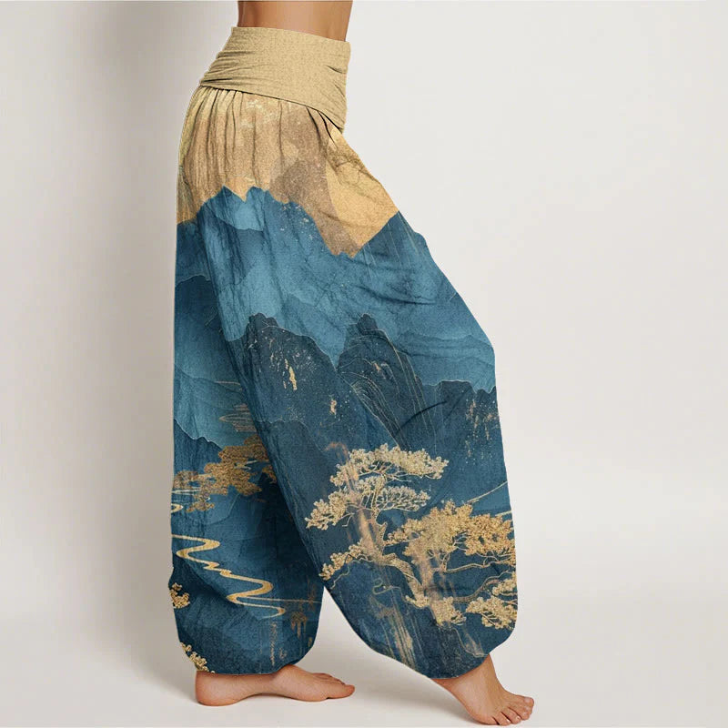 Buddha Stones Cotton Casual Mountains Trees Branches Pattern Women's Elastic Waist Harem Pants