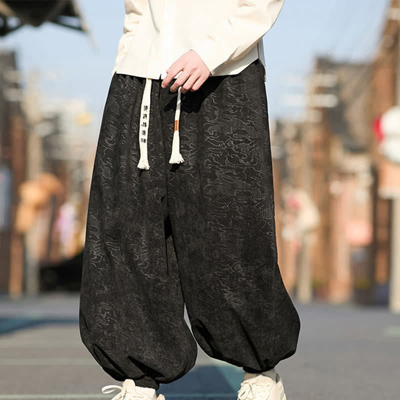 Buddha Stones Black Jacquard Drawstring Elastic Cuff Men's Harem Pants With Pockets