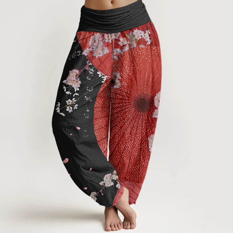 Buddha Stones Cotton Casual Red Oil-paper Umbrella Cherry Blossom Pattern Women's Elastic Waist Harem Pants