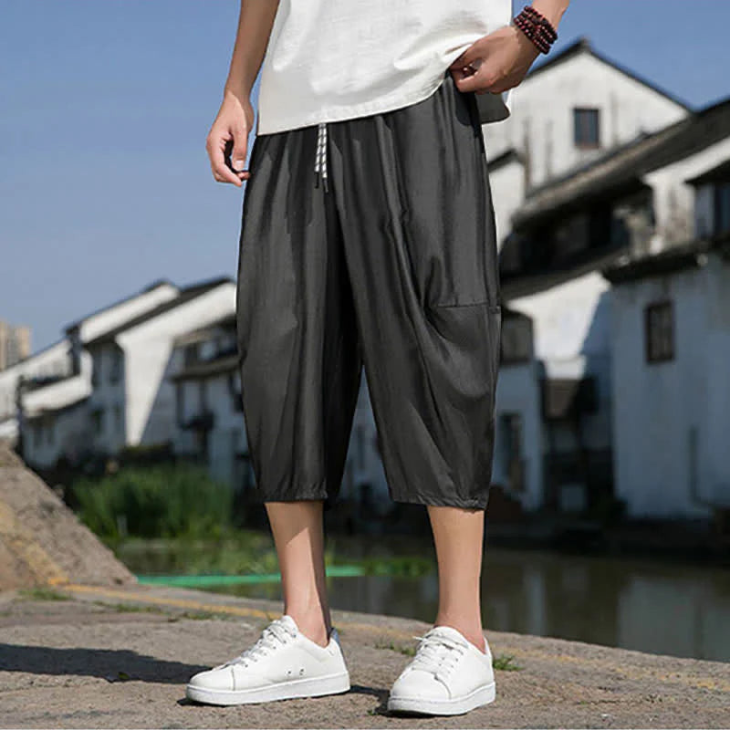 Buddha Stones Summer Elastic Waist Drawstring Solid Color Half Men's Tapered Pants With Pockets