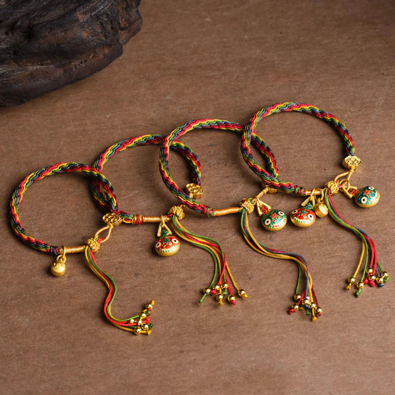 Buddha Stones Tibet Gold Swallowing Beast Family Luck Knot Braid Colorful String Bracelet