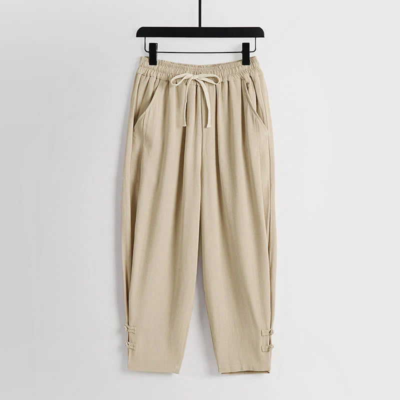 Buddha Stones Summer Drawstring Elastic Waist Frog-Button Ankle-Length Men's Cotton Linen Pants With Pockets