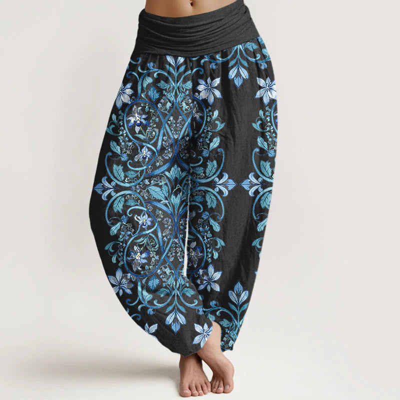 Buddha Stones Cotton Symmetrical Flower Vines Leaves Pattern Women's Elastic Waist Harem Pants