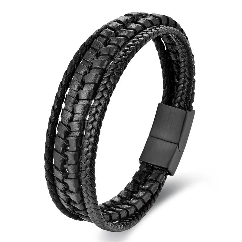 Buddha Stones Simple Braided Pattern Titanium Steel Strengthen Multi-layer Leather Buckle Bracelet