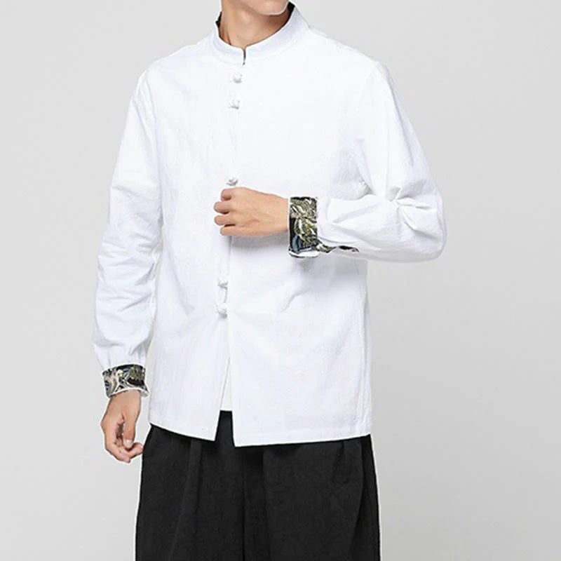 Buddha Stones Men's Frog-Button Dragon Pattern Cuffs Cotton Long Sleeve Shirt