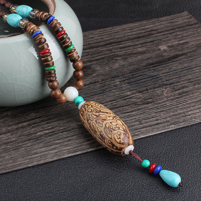 Buddha Stones Tibetan Wenge Wood Bodhi Seed Agate Balance Peace Necklace Pendant (Extra 40% Off | USE CODE: FS40)