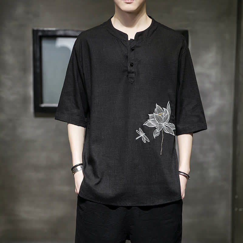 Buddha Stones Summer Embroidered Lotus Dragonfly Pattern Chinese Frog-Button Men's Short Sleeve T-shirt