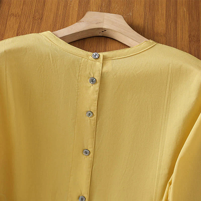 Buddha Stones Plain Lace Hem Single Breasted Button Cotton Linen Three Quarter Sleeve Women's Crew Neck Shirt