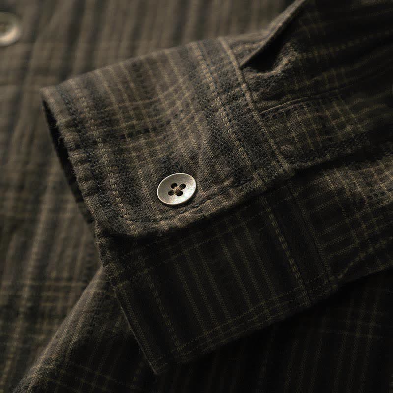Buddha Stones Fall Commute Embroidery Plaid Pattern Men's Cotton Long Sleeve Shirts With Pocket