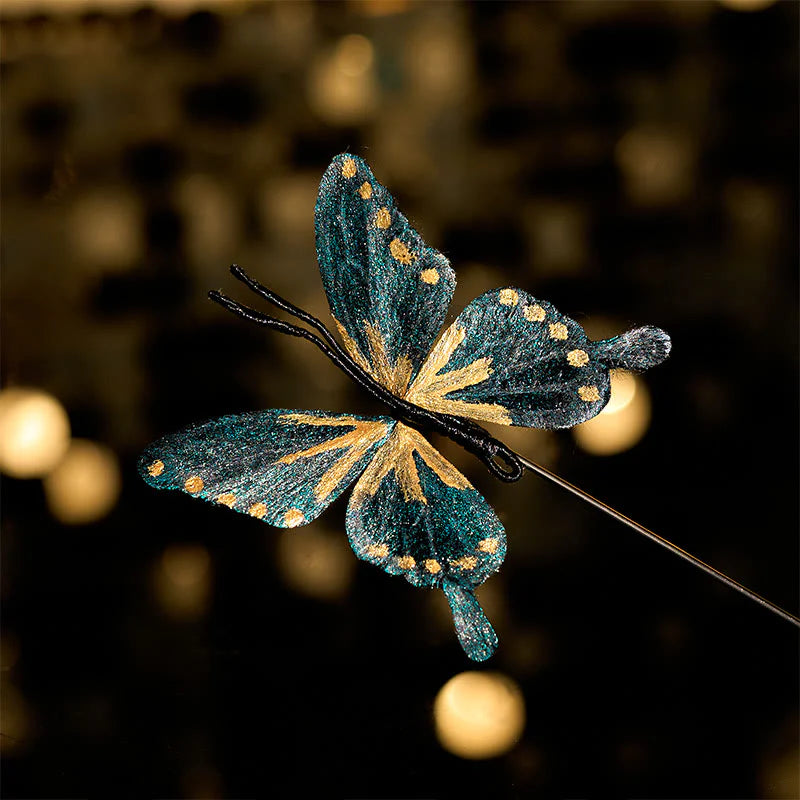 Buddha Stones Handcrafted Silk Art Velvet Flower Golden Blue Butterfly Brooch