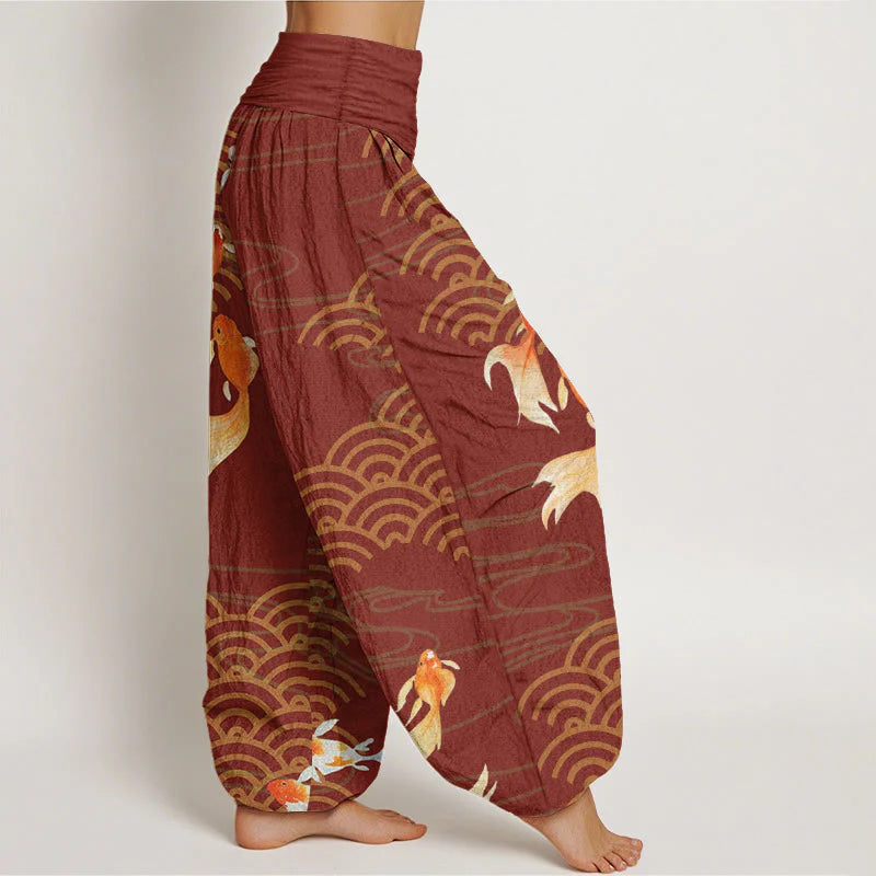 Buddha Stones Pure Cotton Red Koi Fish Fan-shaped Waves Women's Elastic Waist Harem Pants