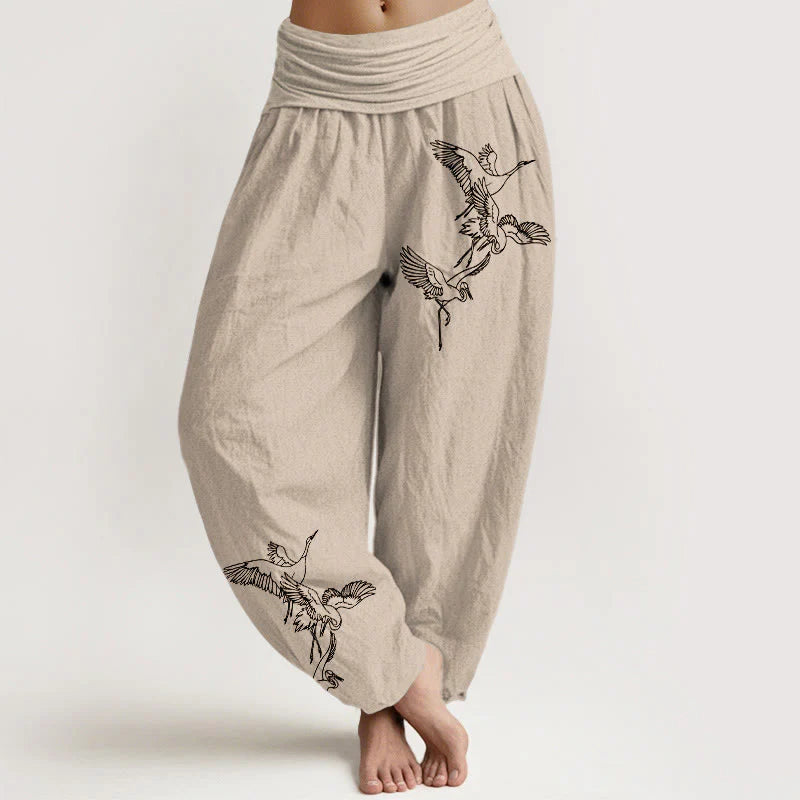 Buddha Stones Flying Crane Pattern Women's Elastic Waist Harem Cotton Pants