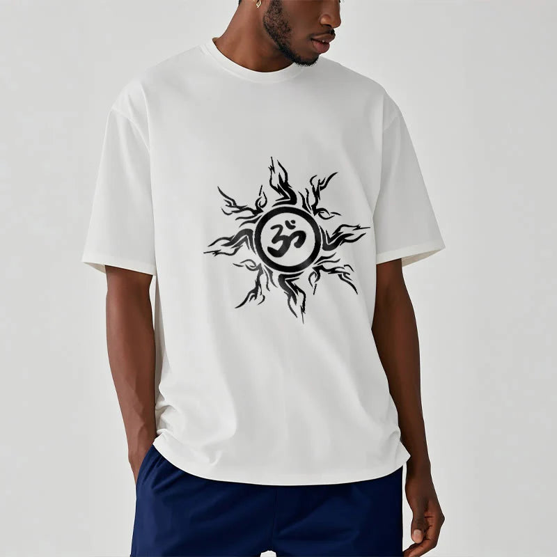Buddha Stones Sunburst Pattern Surrounding An Om Symbol Pattern Cotton Tee T-shirt