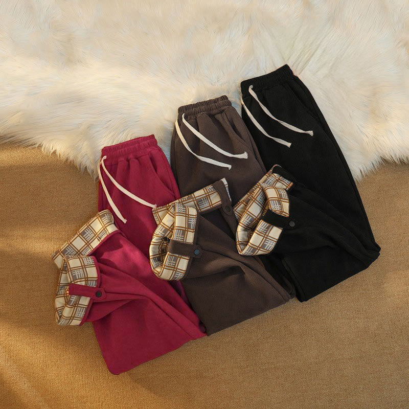 Buddha Stones Women's Patchwork Cotton Corduroy Fleece-Lined Wide Leg Pants With Pockets