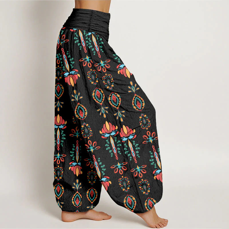 Buddha Stones Pure Cotton Colorful Lotus Flowers Green Leaves Geometric Women's Elastic Waist Harem Pants