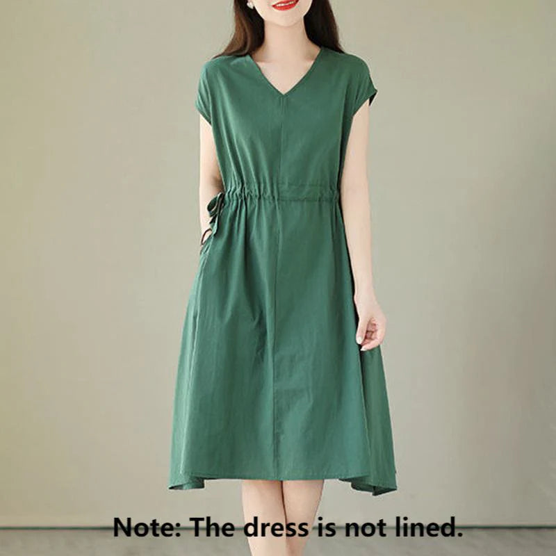 Buddha Stones Pure Color Lace-Up Short Sleeve Cotton Linen Midi Dress With Pockets